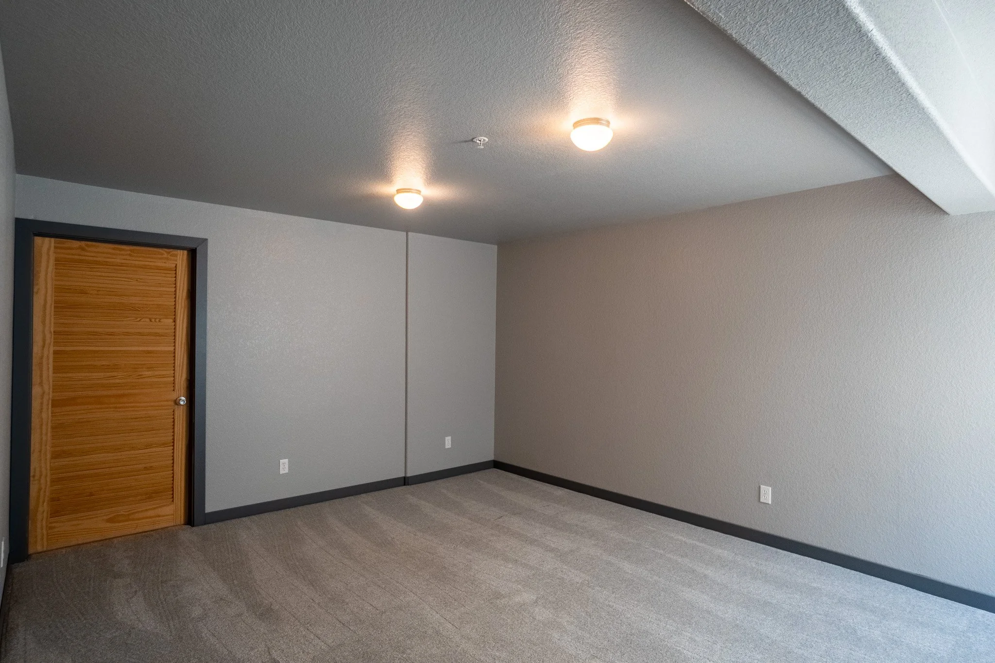 Empty room with beige carpet, grey walls with dark grey trim, a wooden door, and ceiling lights.