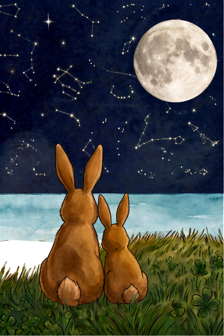 Two rabbits sitting on grass by the water, gazing at a starry night sky with the full moon and constellations.