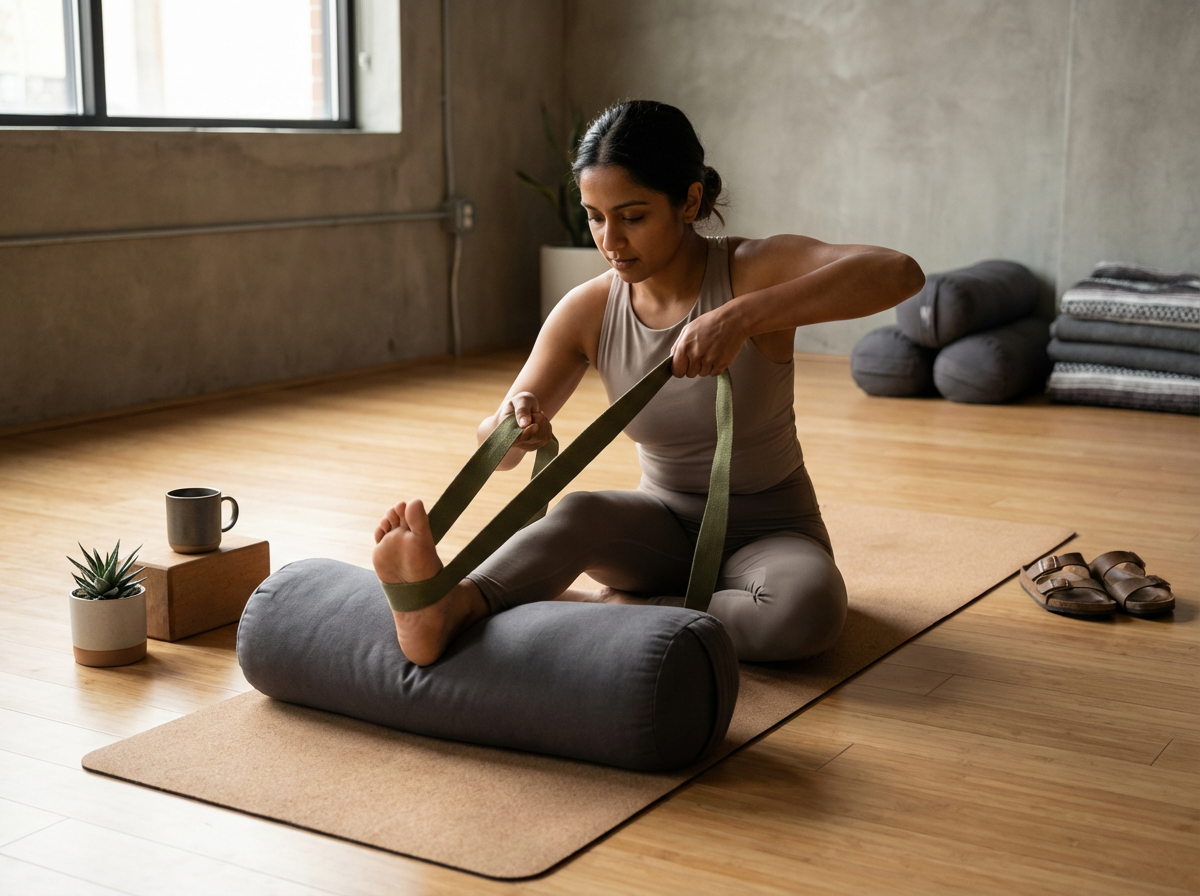 Woman in workout attire stretching her leg with resistance band on yoga mat in a bright, minimalist room.