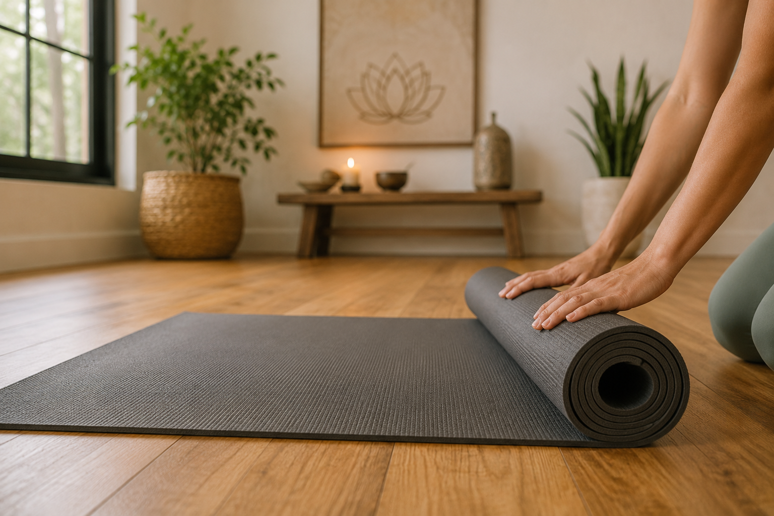 Person unrolling a black yoga mat on a wooden floor in a yoga or meditation room with plants and decor.