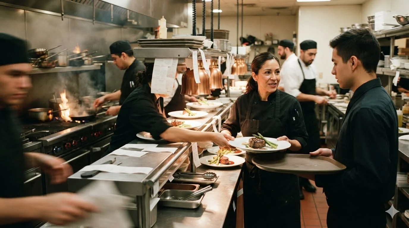 Kitchen staff in black uniforms preparing and serving food in a busy restaurant kitchen.