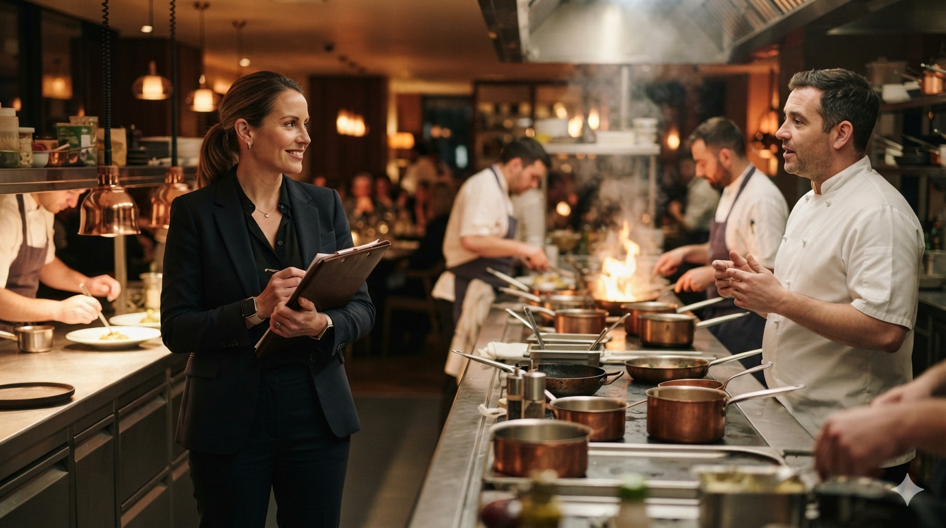 A woman in a black blazer speaking to a male chef in a busy kitchen, with other chefs cooking in the background.