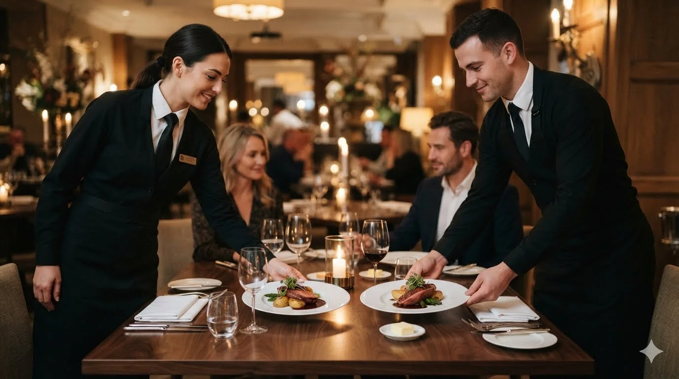 A waiter and waitress serve plates of gourmet food to a table of four guests in a fancy restaurant decorated with candles and flowers.