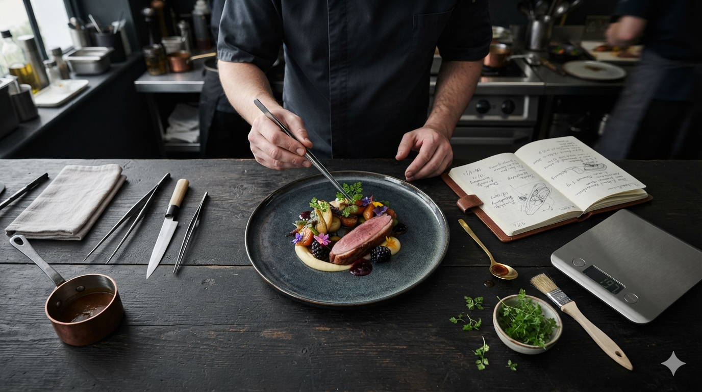 A chef garnishing a plated dish in a professional kitchen, with various utensils, a notebook, and a scale on a dark wooden counter.