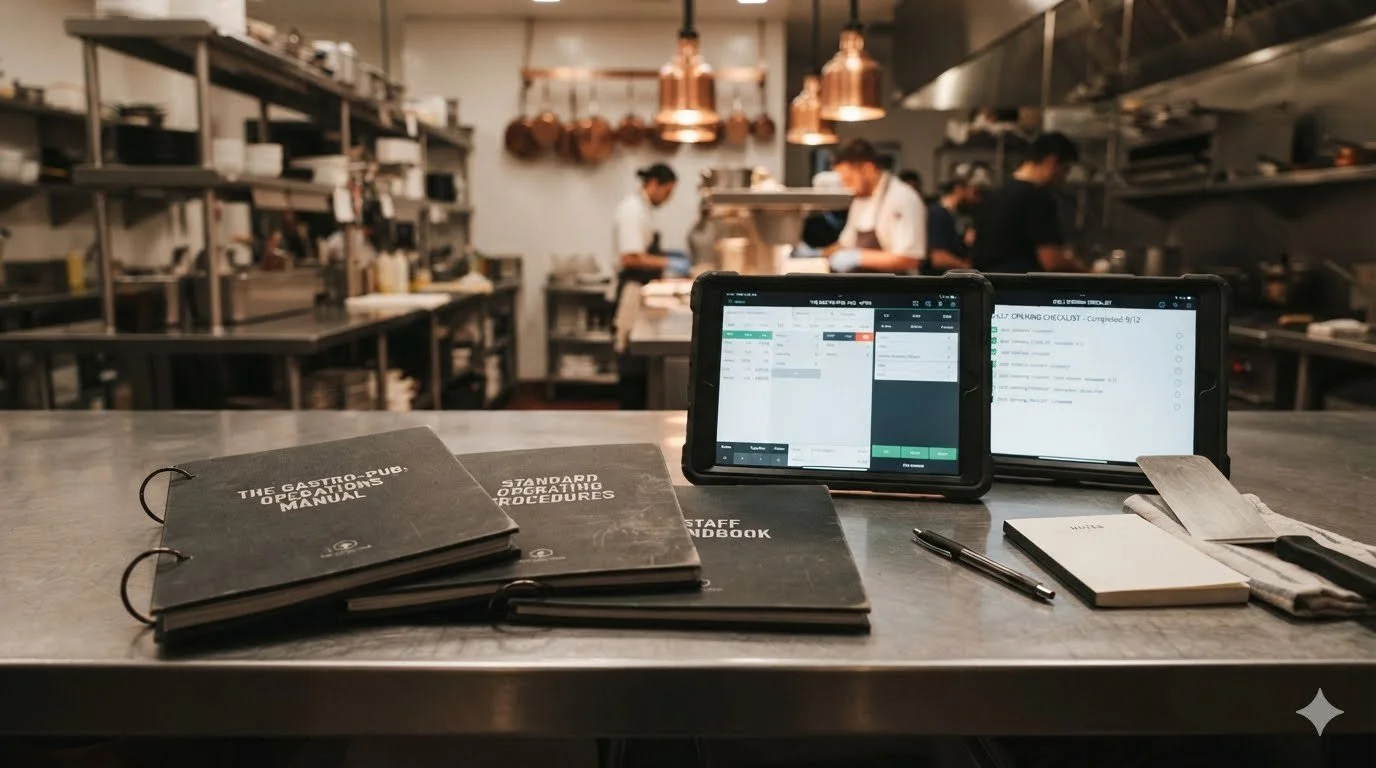 A restaurant kitchen with staff working in the background. On the counter, there are manuals labeled "The Gastronomic Operations Manual" and "Standard Operating Procedures," tablets displaying management software, a pen, a notepad, and a folded apron.