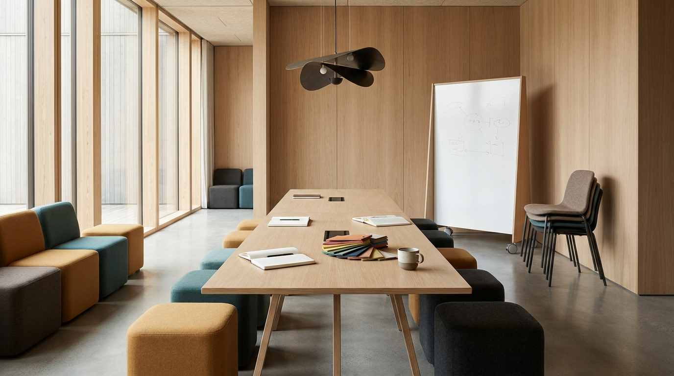 Modern conference room with wooden walls, a long wooden table with notebooks, color samples, and a coffee mug. There are stacked chairs, colorful cushioned seats, and a whiteboard with sketches. Large windows with vertical wood paneling on the left side.