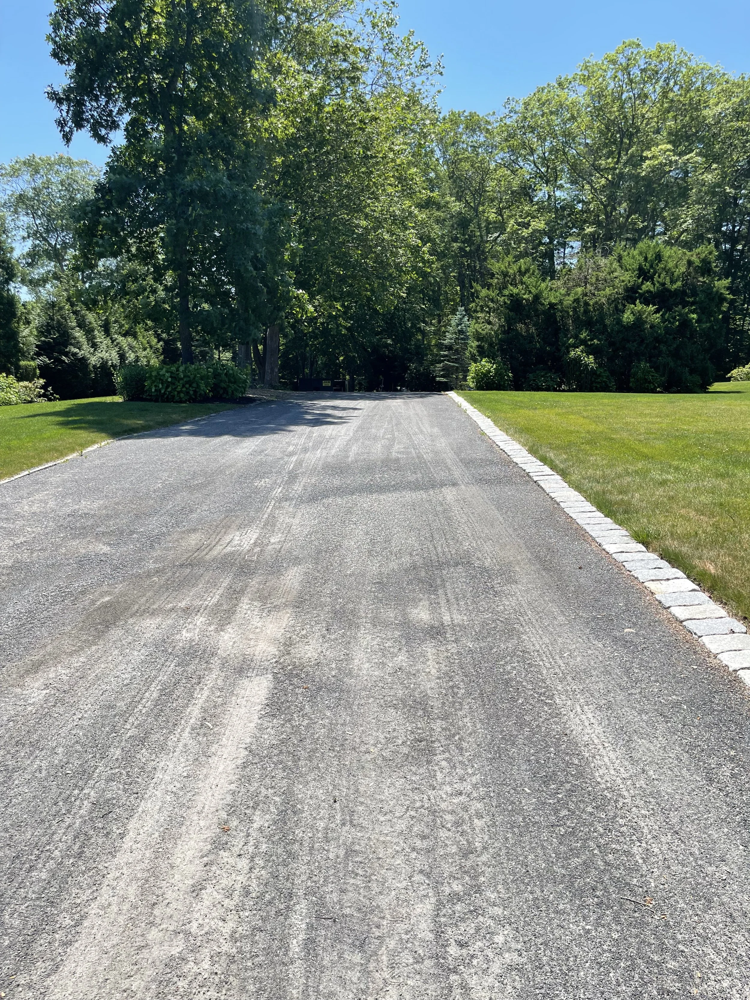 A curved gravel driveway bordered by a stone curb, with green grass and trees on either side and a dense forest in the background under a blue sky.