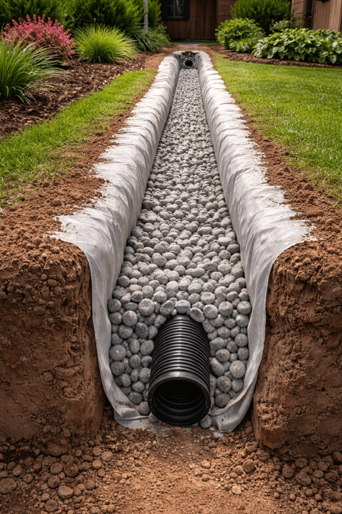 A side view of French drain  trench filled with gray rocks and a black corrugated pipe at the end, bordered by soil and green grass with flowering bushes in the background.