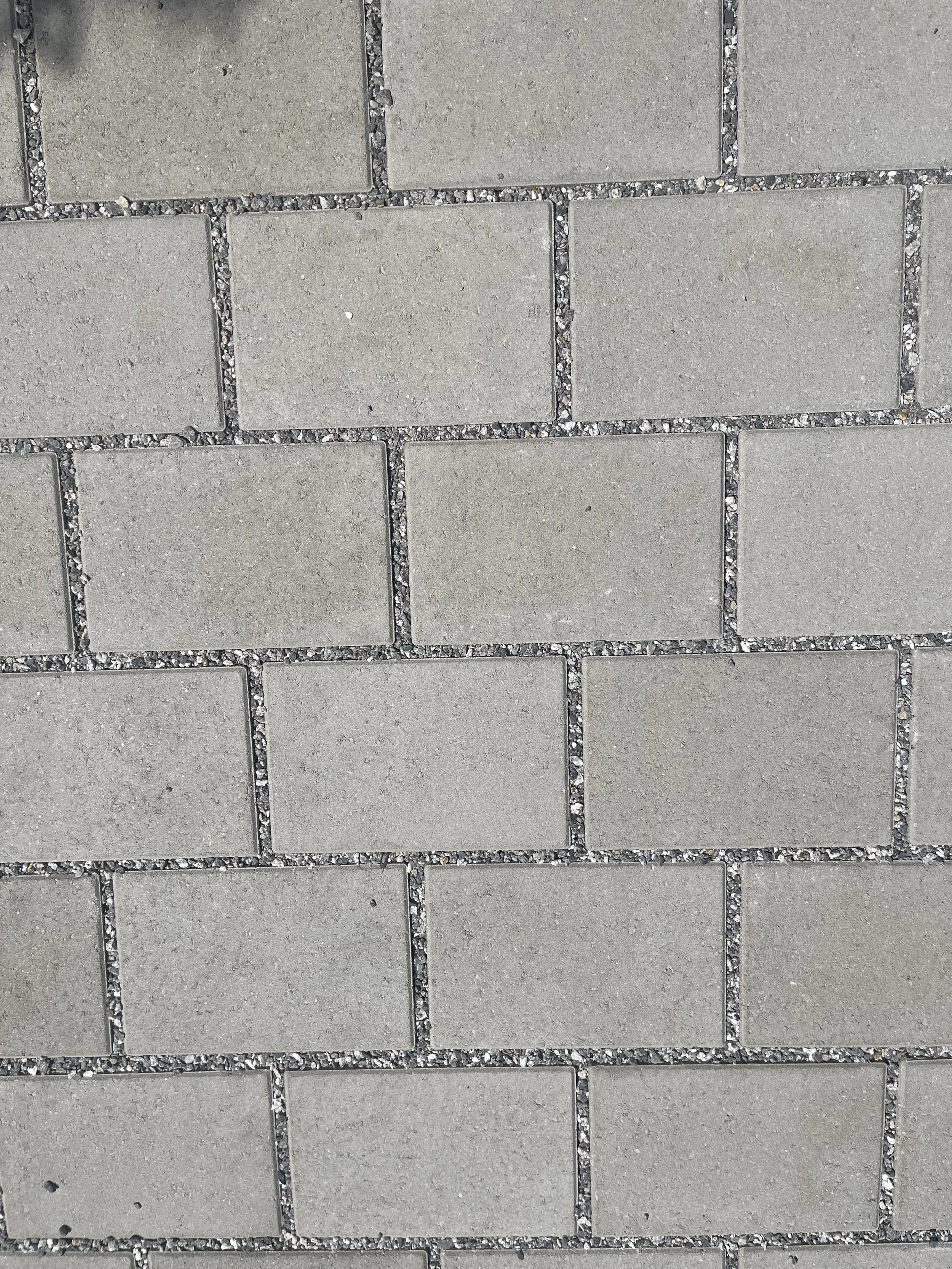 A tiled walkway with rectangular concrete pavers separated by small gravel-filled gaps.