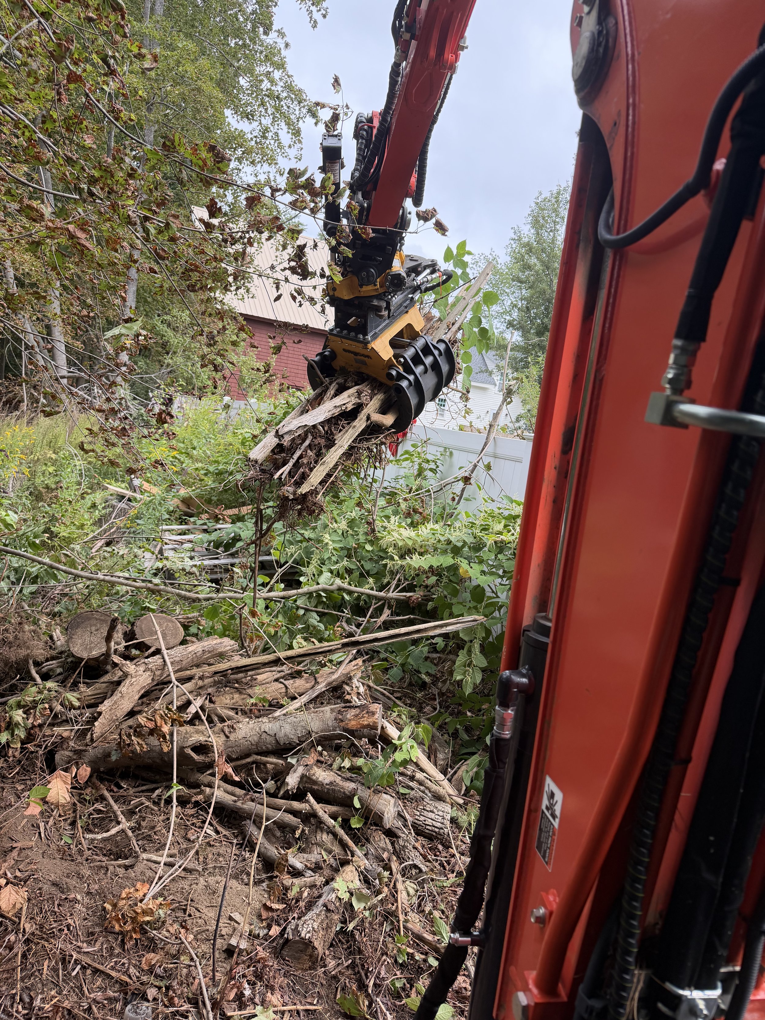 Close-up of a tree being cut down with a mechanical forestry machine, with branches and wood debris in the foreground and a house and fence in the background.