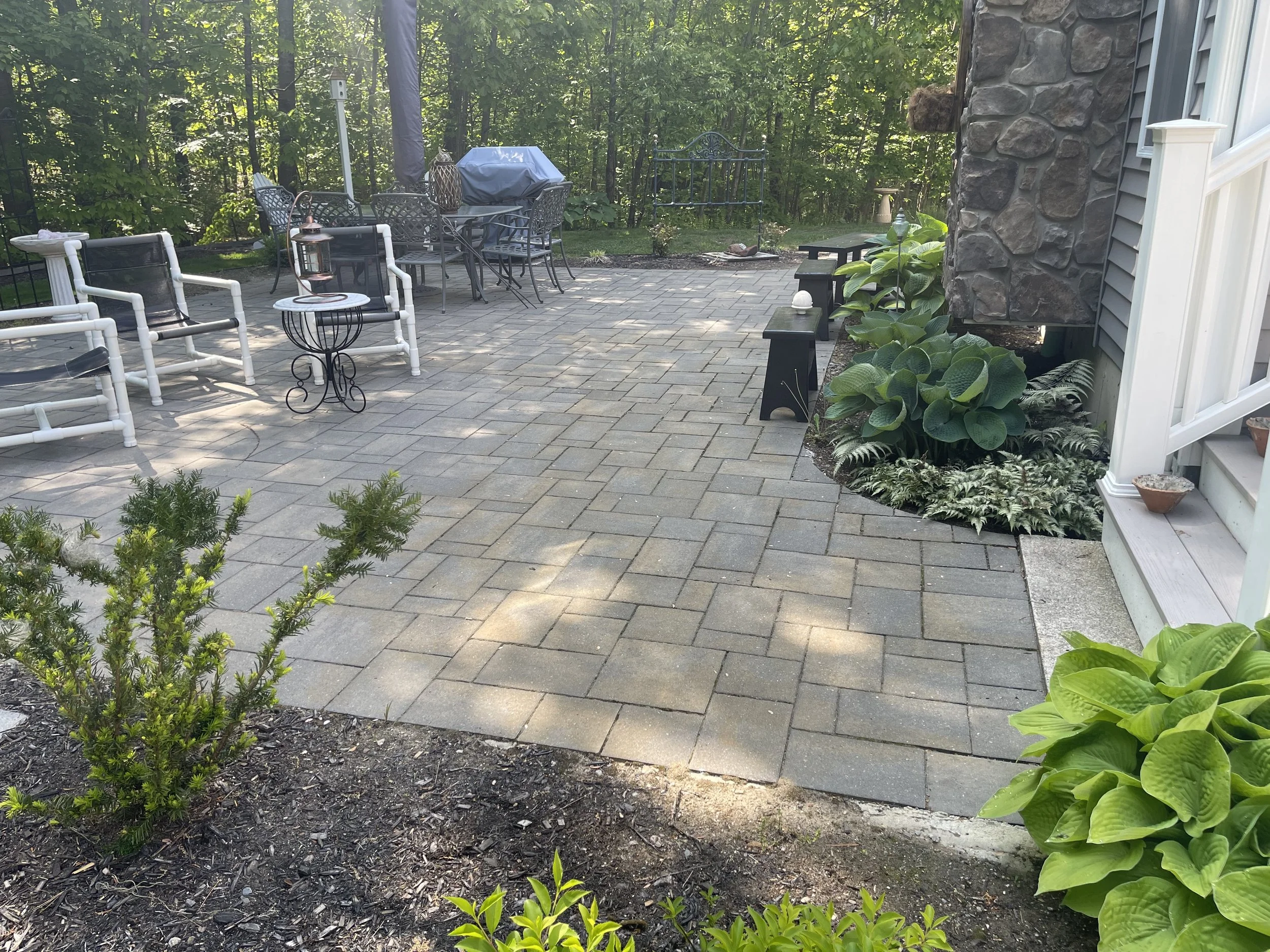 A backyard patio with stone pavers, outdoor furniture, and lush greenery surrounding the area, including bushes and trees.