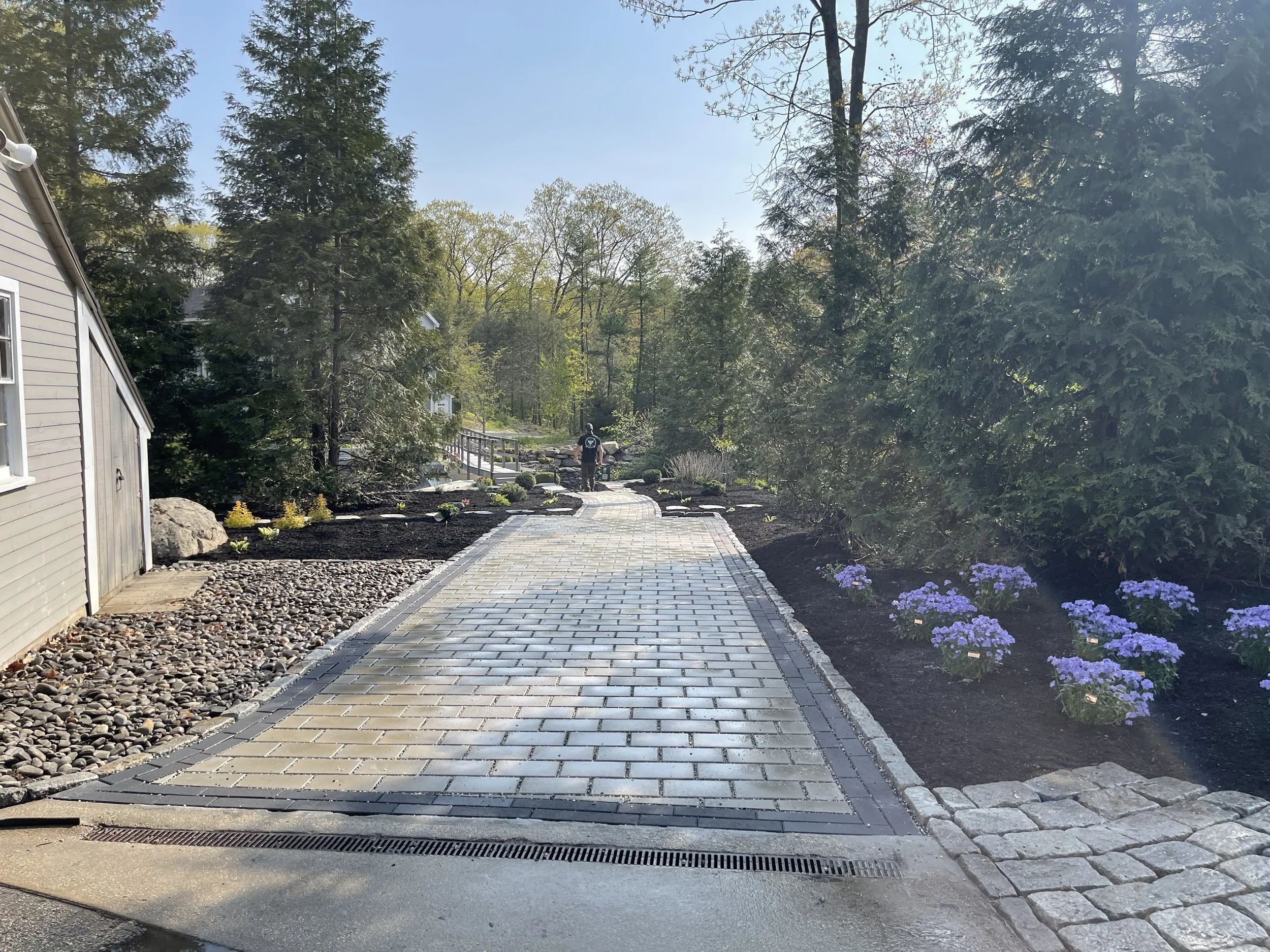 A paved pathway through a landscaped garden with purple flowers on the right side and a wooded area in the background, under a clear blue sky.