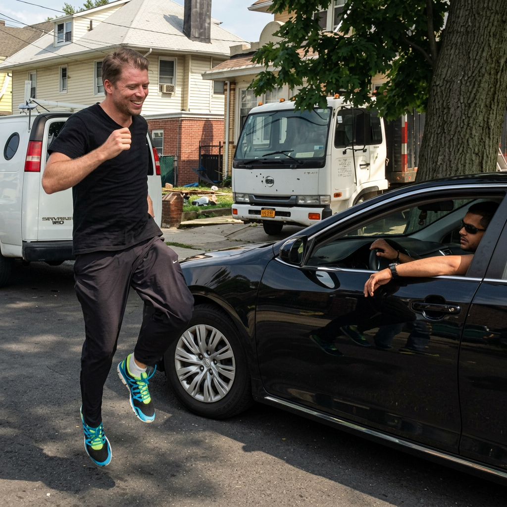 Tim Leuzarder: Tim Leuzarder skipping down a residential street during filming of the documentary Skipping Joy.