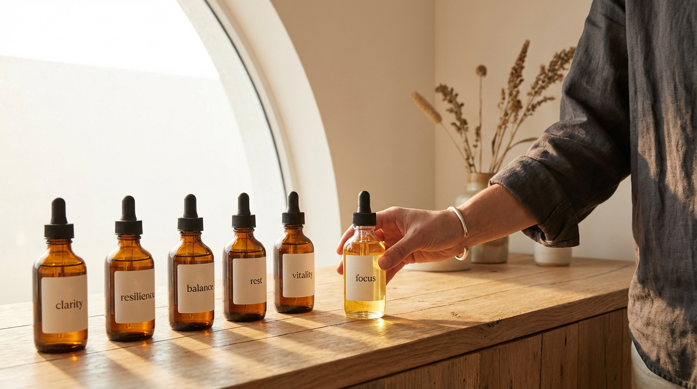 A person holding a small amber dropper bottle labeled 'focus' next to five other bottles labeled 'clarity,' 'resilience,' 'balance,' 'rest,' and 'vitality' on a wooden surface.