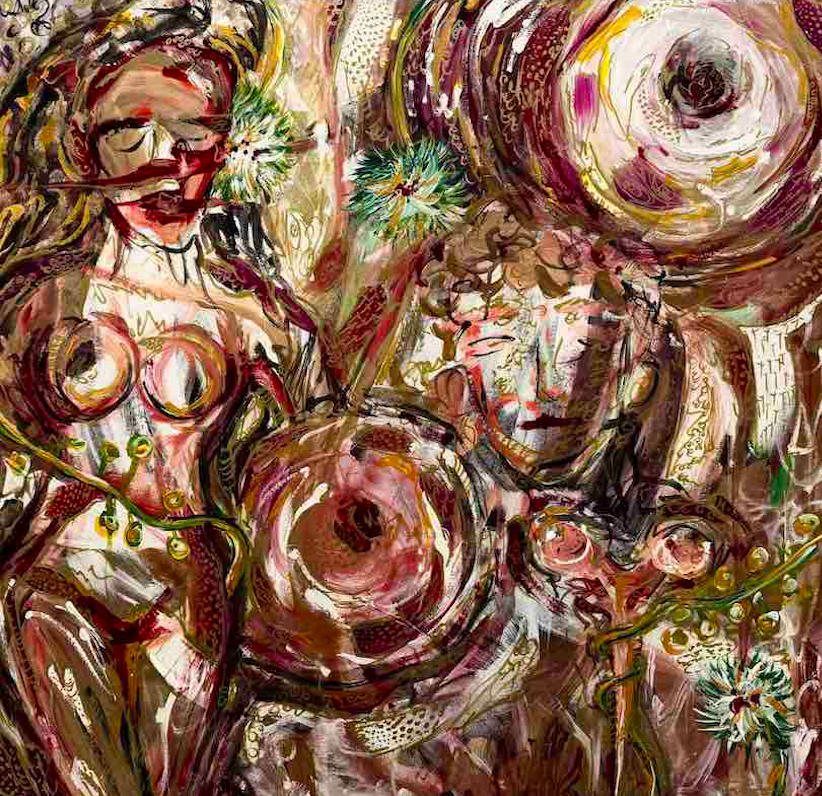 Abstract painting with swirling patterns and vibrant colors, depicting a woman with glasses and a man, surrounded by floral elements.