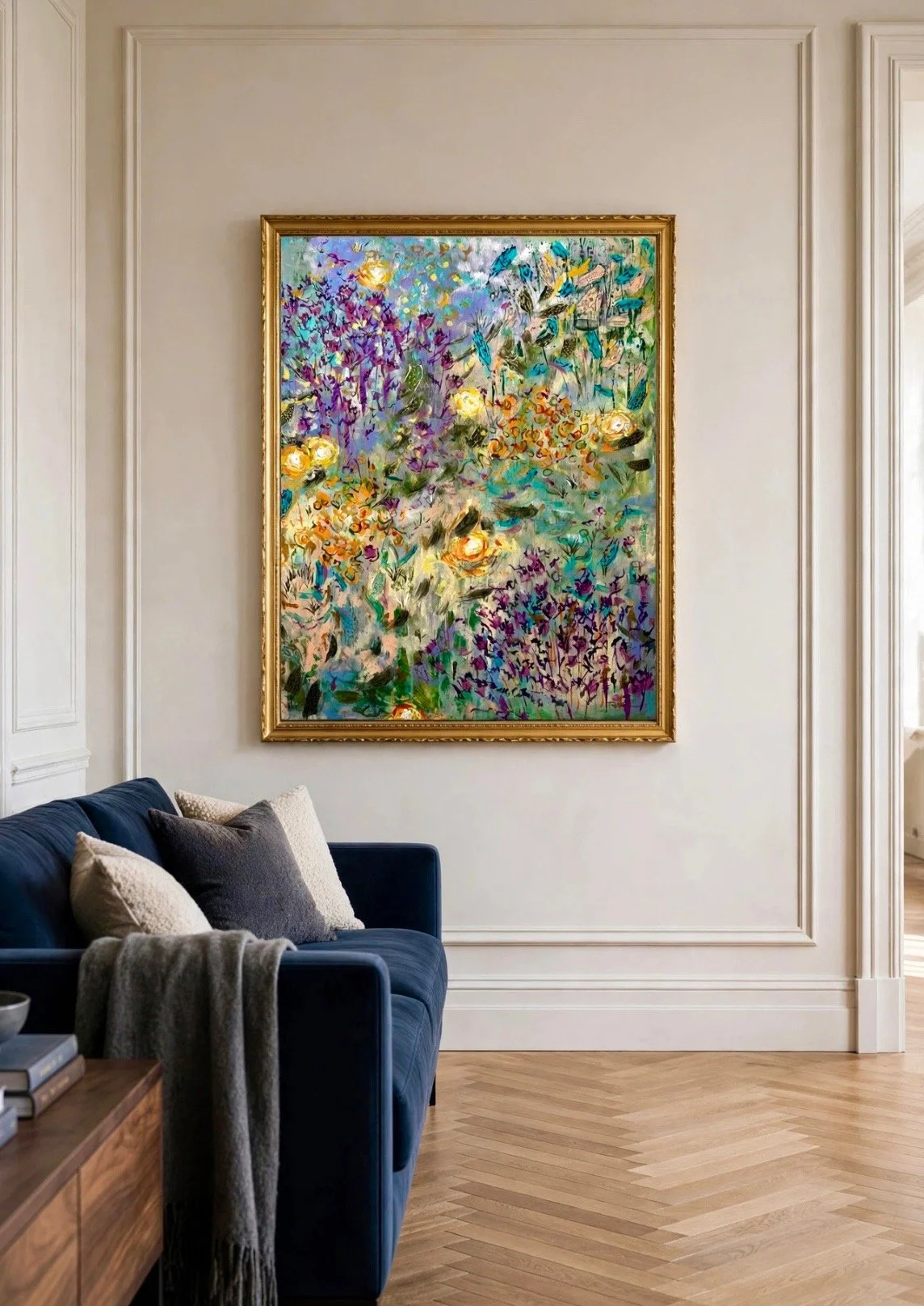 A colorful abstract floral painting hanging on a white wall in a living room with a navy blue sofa and a wooden coffee table. Taylor Elizabeth. Fine art. Custom paintings.