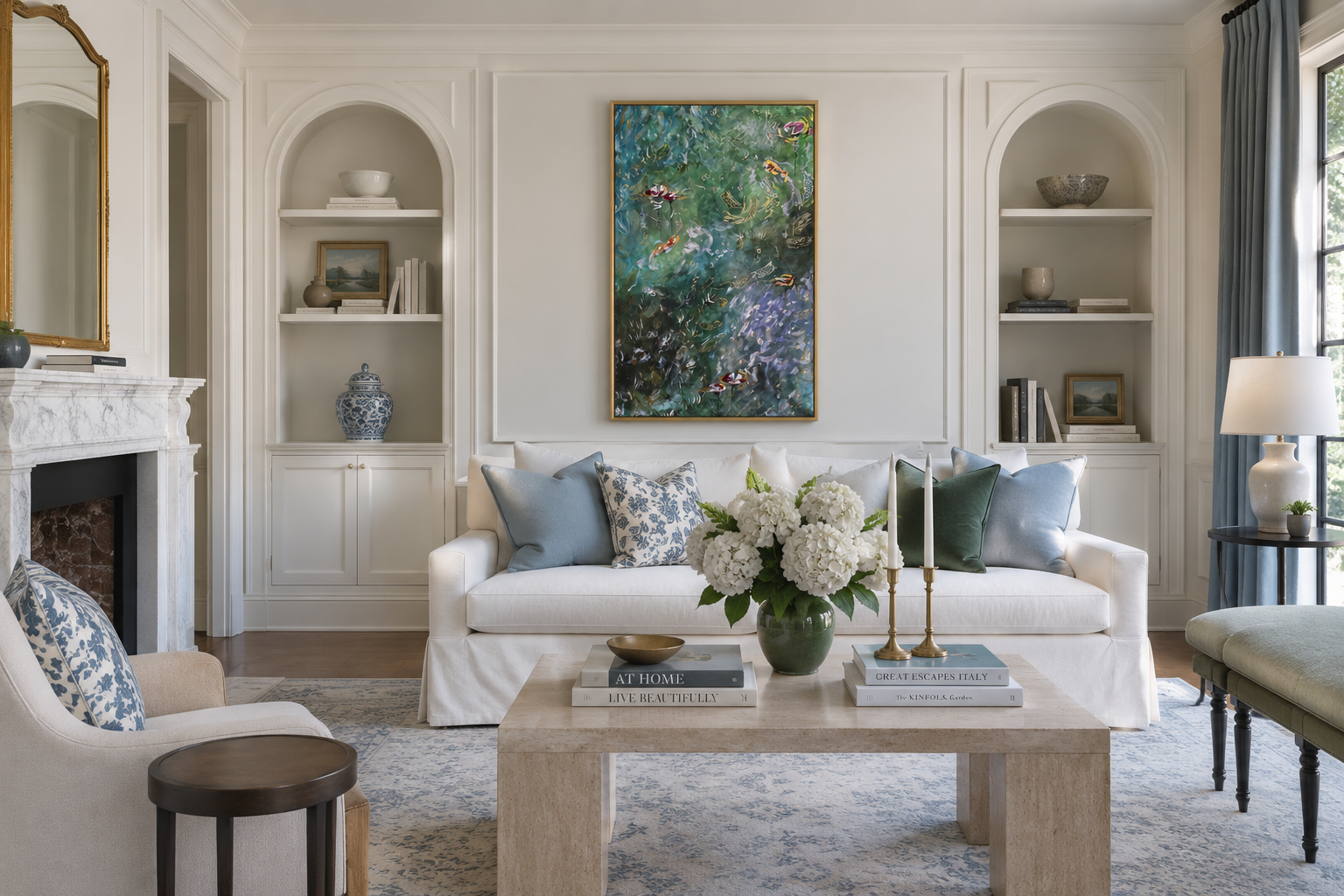 Elegant living room with white sofa, floral cushions, marble fireplace, and a large abstract painting of fish on the wall. Luxury interiors, high-end art. Taylor Elizabeth. Fine art. Custom paintings.