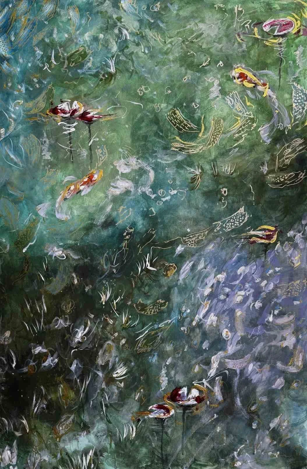 Abstract painting of koi fish swimming in a pond with green, blue, and purple hues, featuring white and yellow accents.