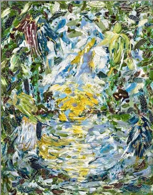 Abstract painting of a waterfall surrounded by vibrant greenery, with blue, white, yellow, and green brushstrokes.