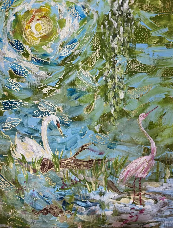 Abstract painting of a pond scene with two herons, surrounded by water, green plants, and trees, using vibrant colors and flowing brushstrokes.
