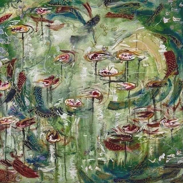 Painting of water lilies and fish in a pond with an abstract, impressionist style.