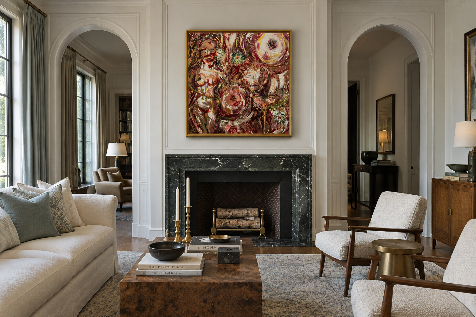 Luxury, elevated living room with a white sofa, armchairs, a black marble fireplace, and a large abstract painting above the mantel. Taylor Elizabeth. Fine art. Custom paintings.
