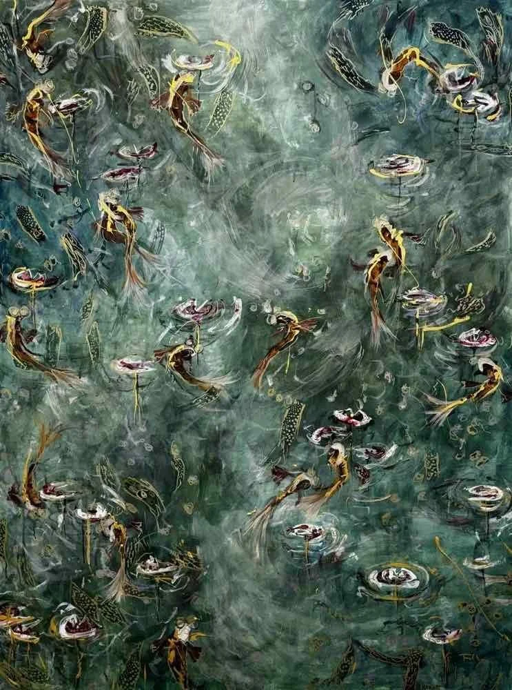 An abstract painting of frogs and water lilies on a pond with ripples, in shades of green, black, and hints of yellow and red.