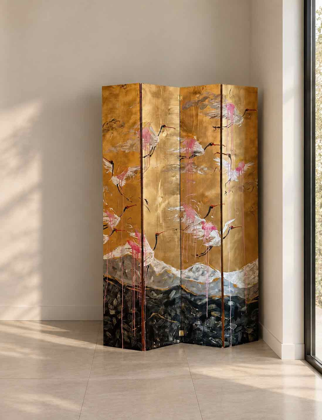 A decorative folding screen with a painting of pink cranes standing on rocks, set against a golden background with clouds.