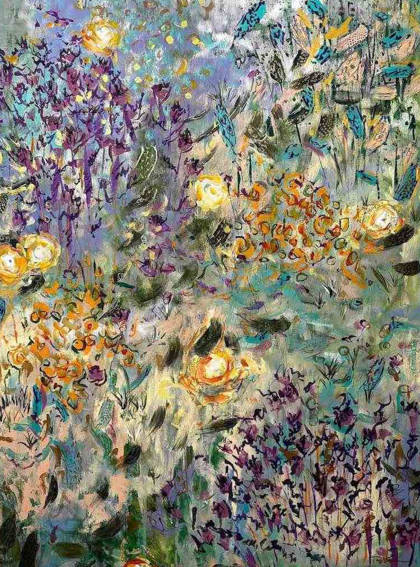 Abstract floral painting with vibrant purple, yellow, orange, blue, and green colors, featuring loosely painted flowers and foliage.