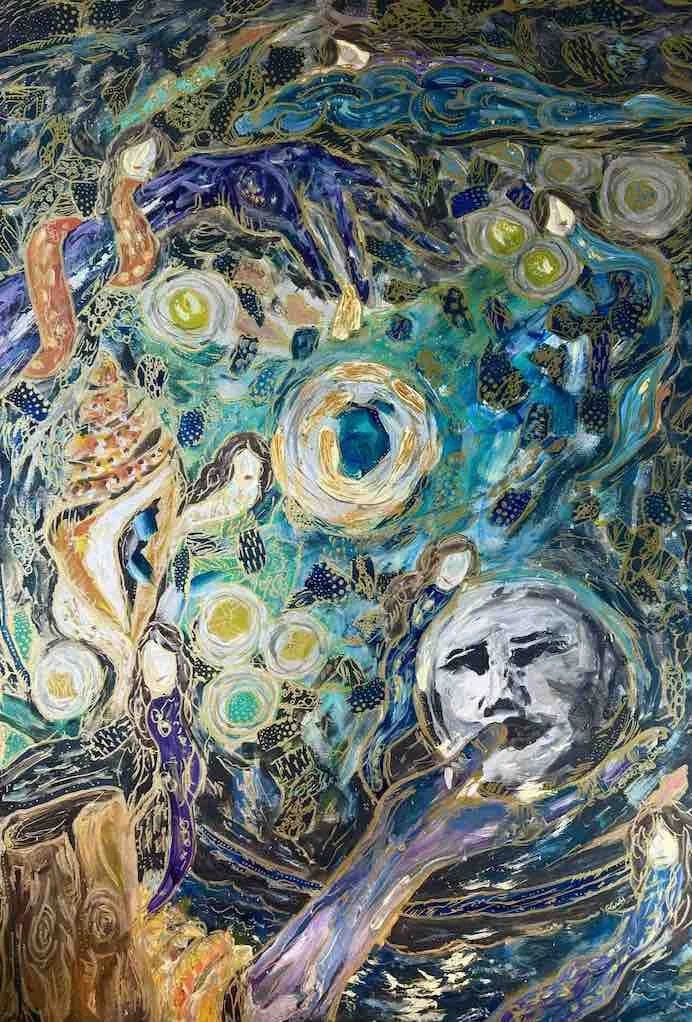 Abstract artwork with swirling patterns and figures, including a large face with closed eyes holding a cigarette, surrounded by colorful shapes and flowing lines.