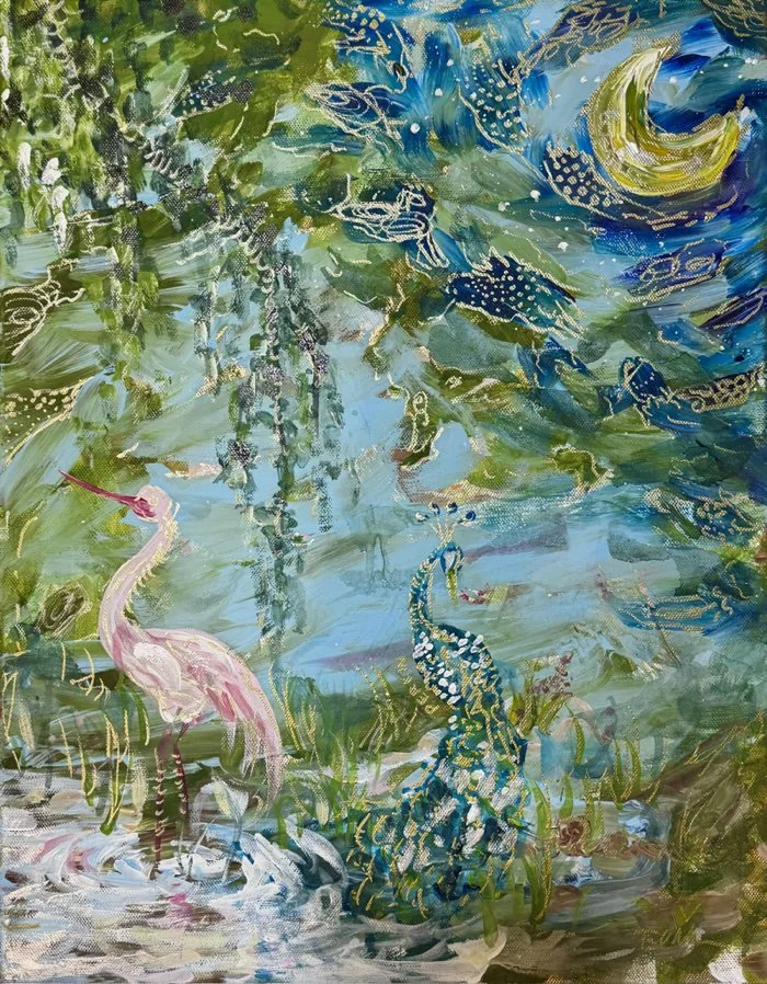 An abstract painting of a lush, green jungle with a pond, featuring a pink heron and a peacock, with birds and foliage reflected in the water. Taylor Elizabeth. Fine art. Custom paintings.