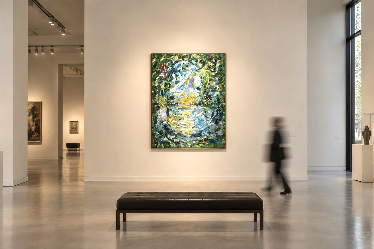 An art gallery with a large colorful abstract painting of a pond scene hung on a white wall. There is a black bench in the foreground and a blurred person walking past. The gallery has large windows on the right side.