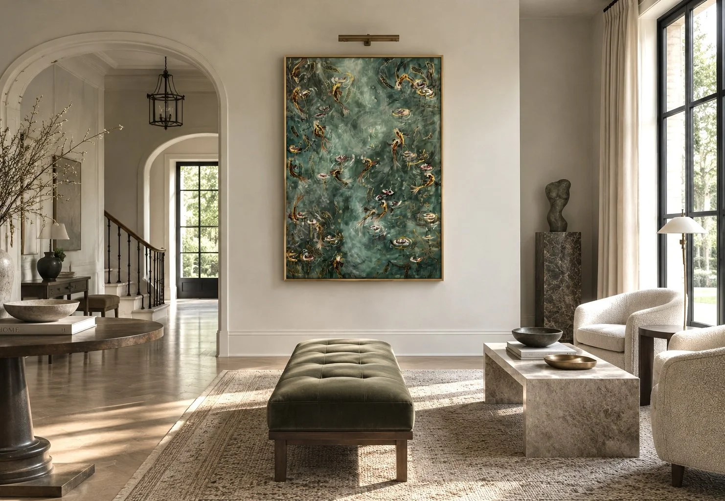 Luxury, high-end living room with large window, bespoke modern artwork of koi fish, and minimalist furniture including a green ottoman, armchair, and marble coffee table. Taylor Elizabeth. Fine art. Custom paintings.