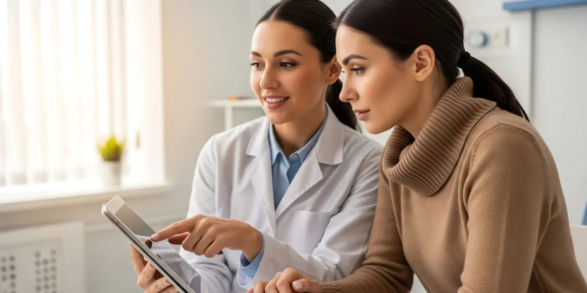 A female doctor showing something on a tablet to a woman in a brown turtleneck in a medical setting.
