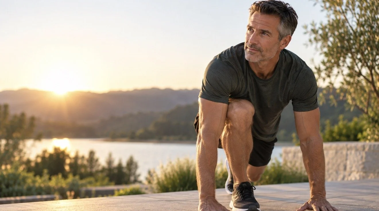 A middle-aged man in black athletic wear is doing a workout outdoors near a body of water during sunset.