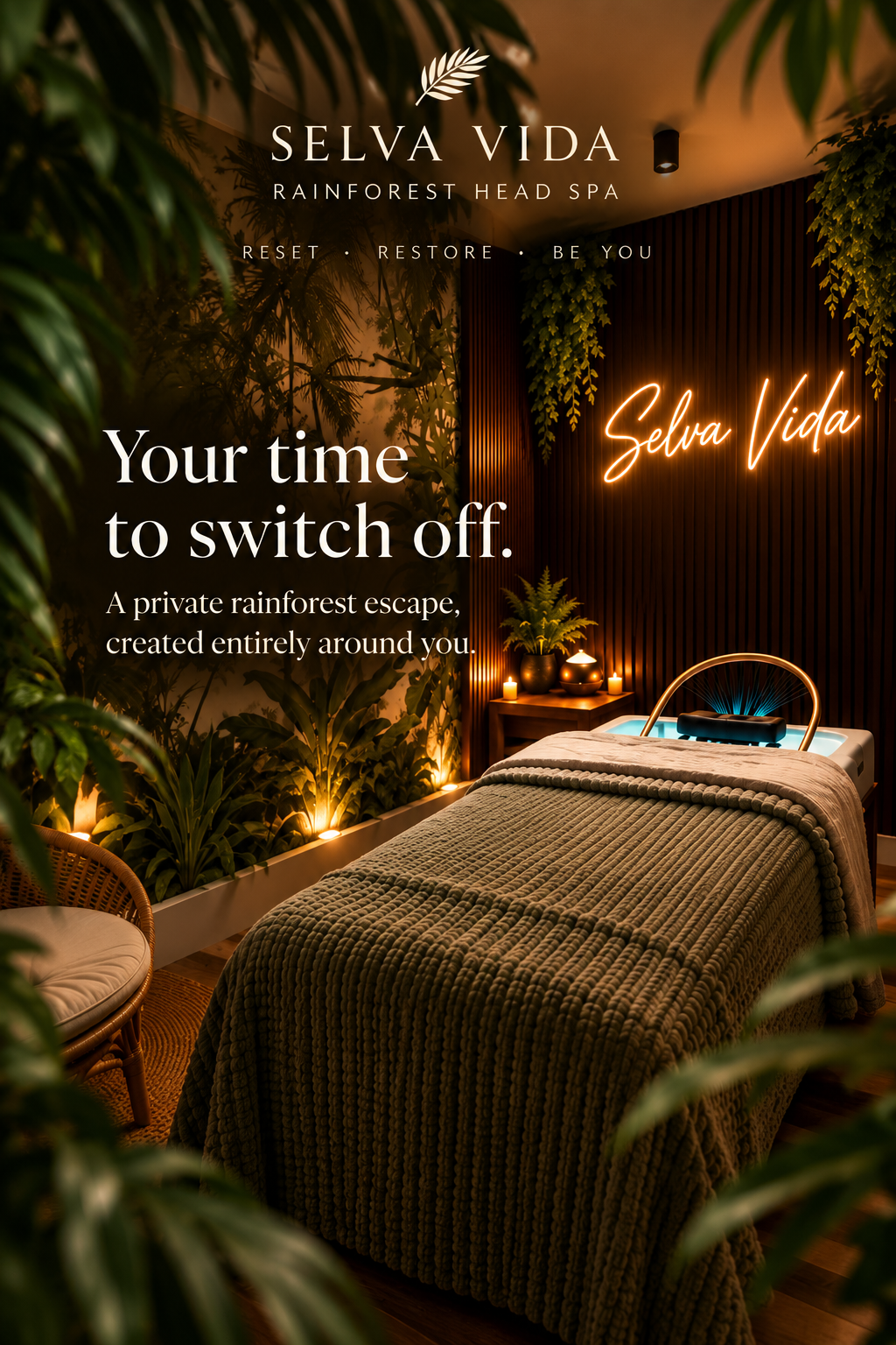 Private Selva Vida Rainforest Head Spa studio in Sandhurst with treatment bed, tropical greenery and warm candlelight.