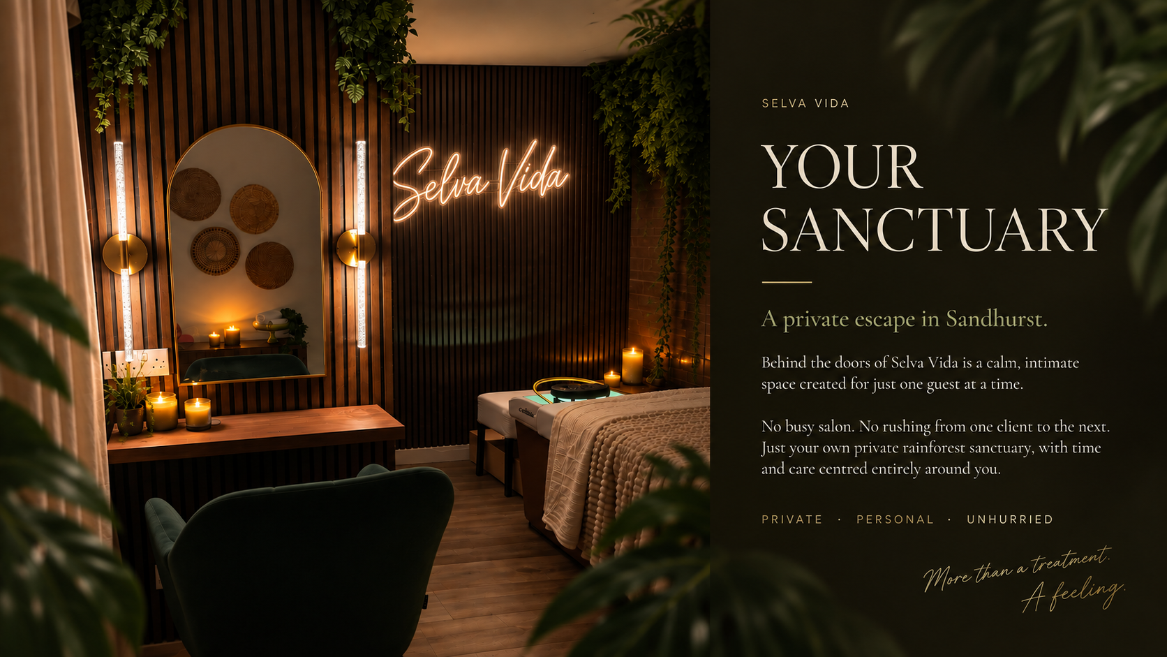 Private Selva Vida head spa studio in Sandhurst with treatment bed, warm candlelight, tropical greenery and dark wood feature wall.