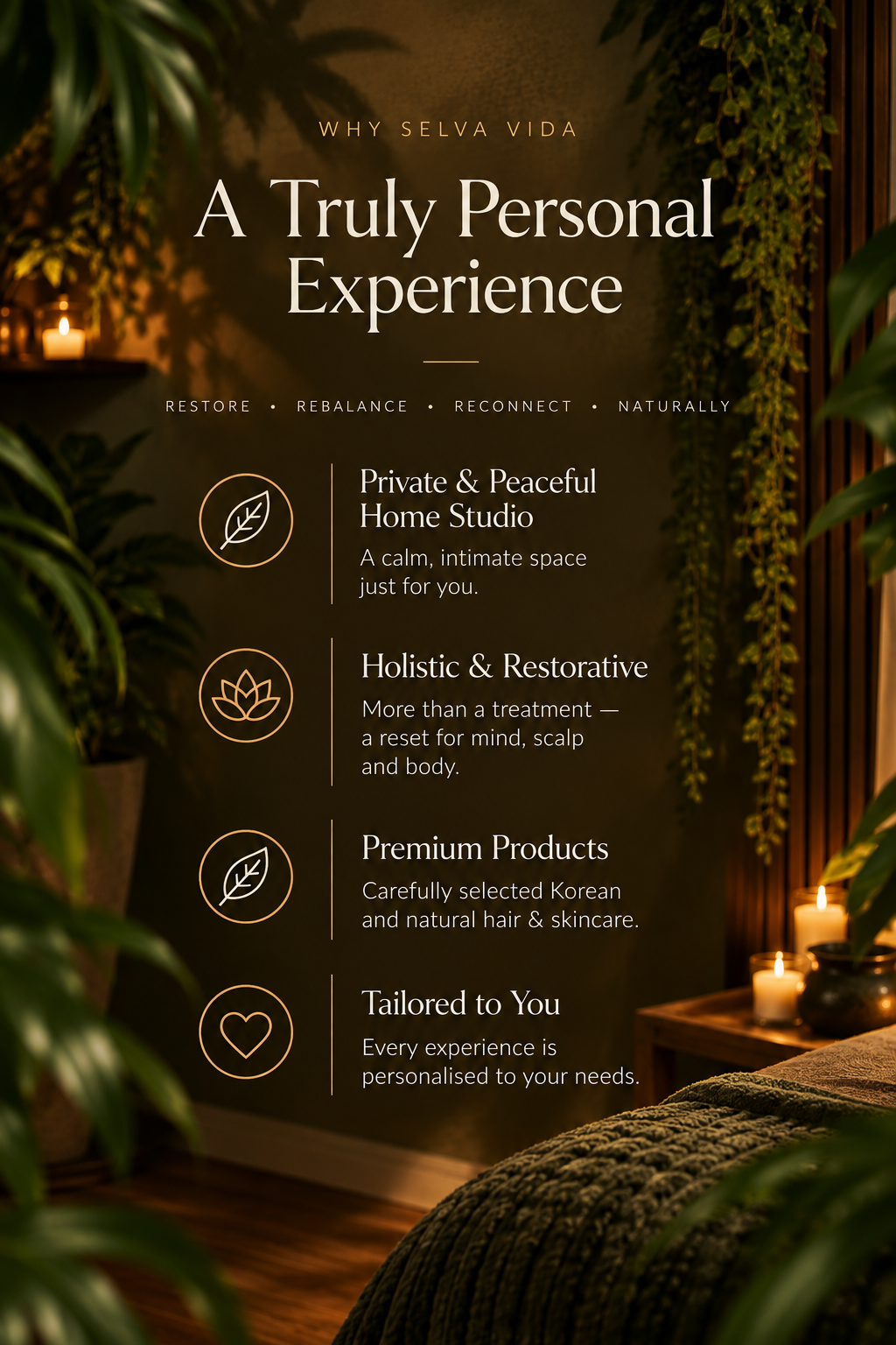 Selva Vida information graphic highlighting the private studio, personalised experiences and Korean beauty products.
