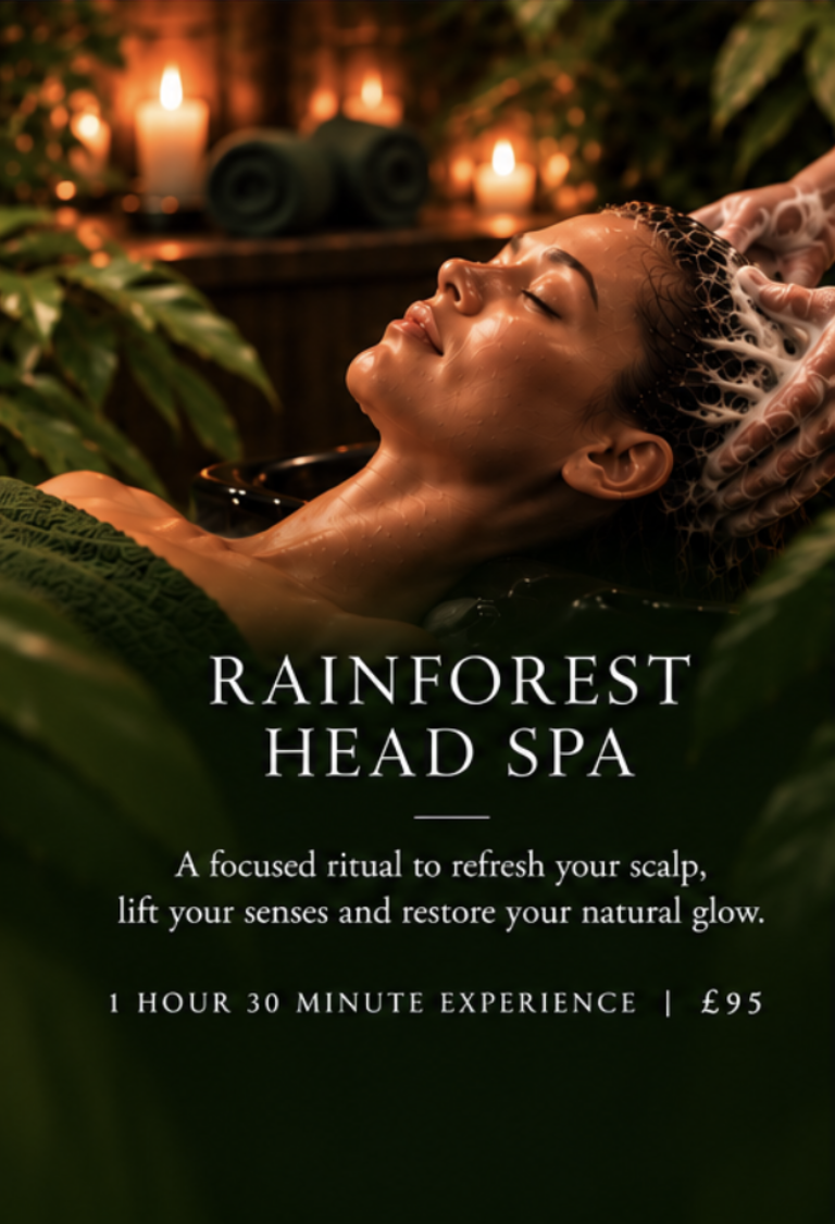 Guest receiving a relaxing scalp massage during a Selva Vida Rainforest Head Spa experience.