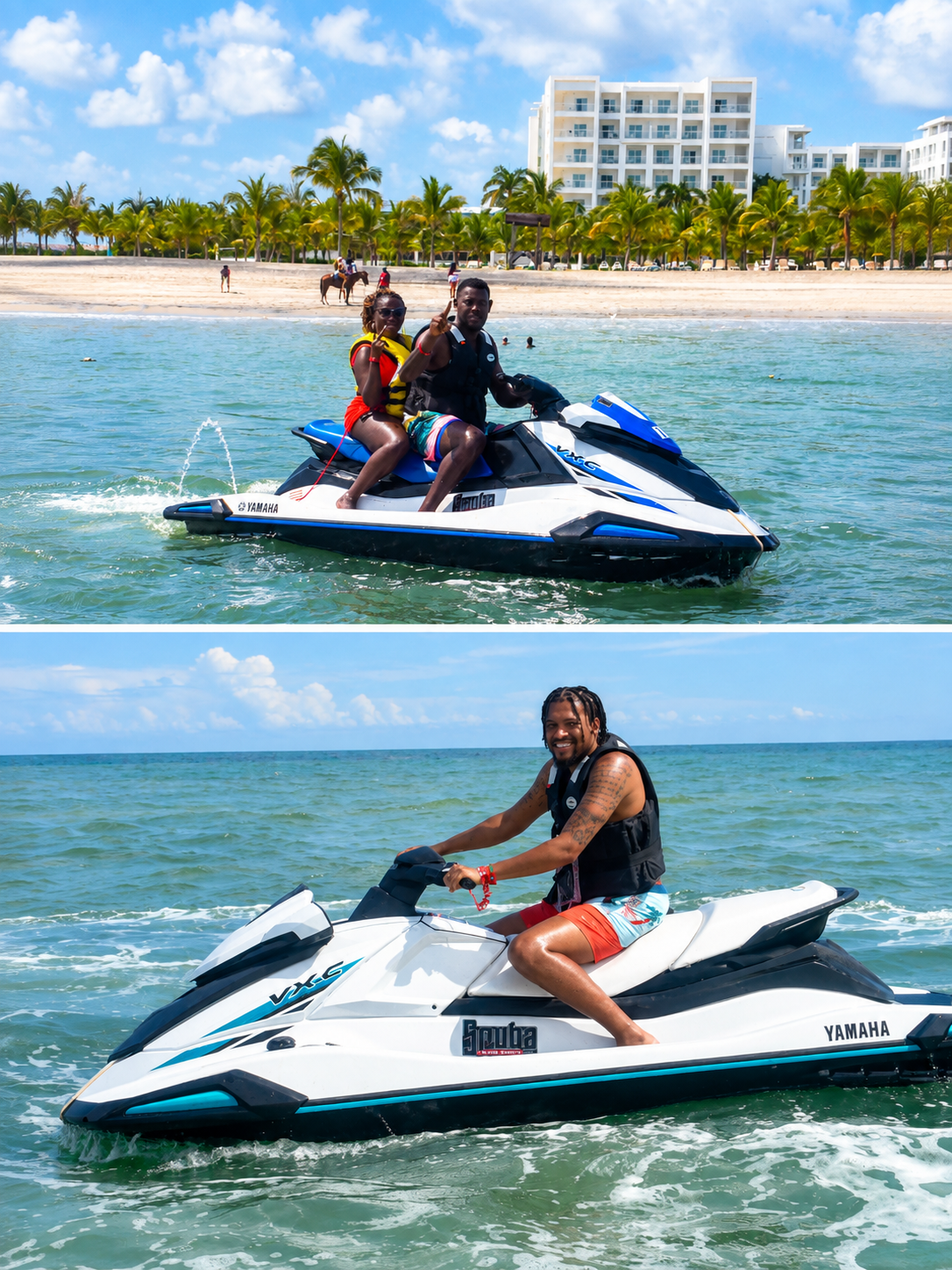 Two people riding a Yamaha jet ski on the water near the beach with hotel buildings and palm trees in the background during daytime.