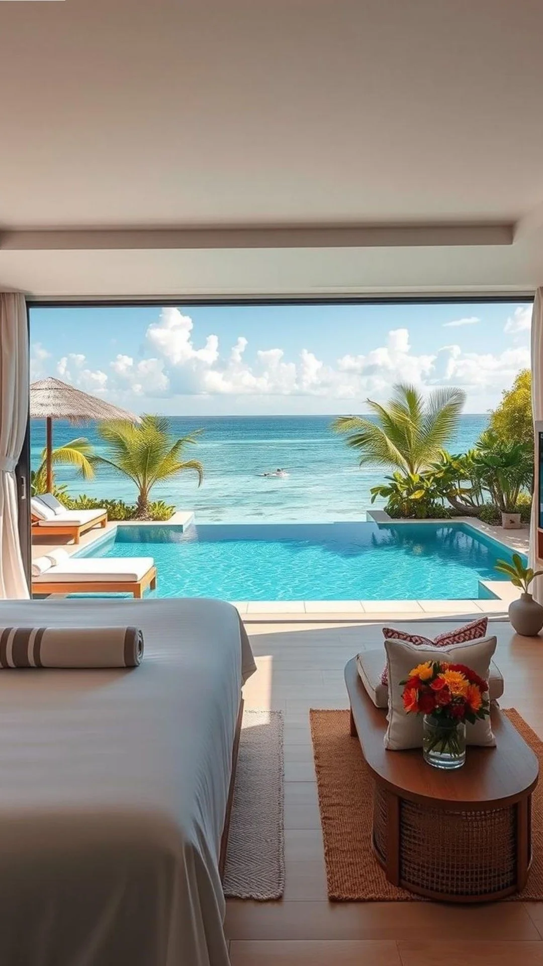 View of a luxurious hotel room with a large open sliding door leading to an infinity pool overlooking the ocean, with palm trees, lounge chairs, and a blue sky with clouds.