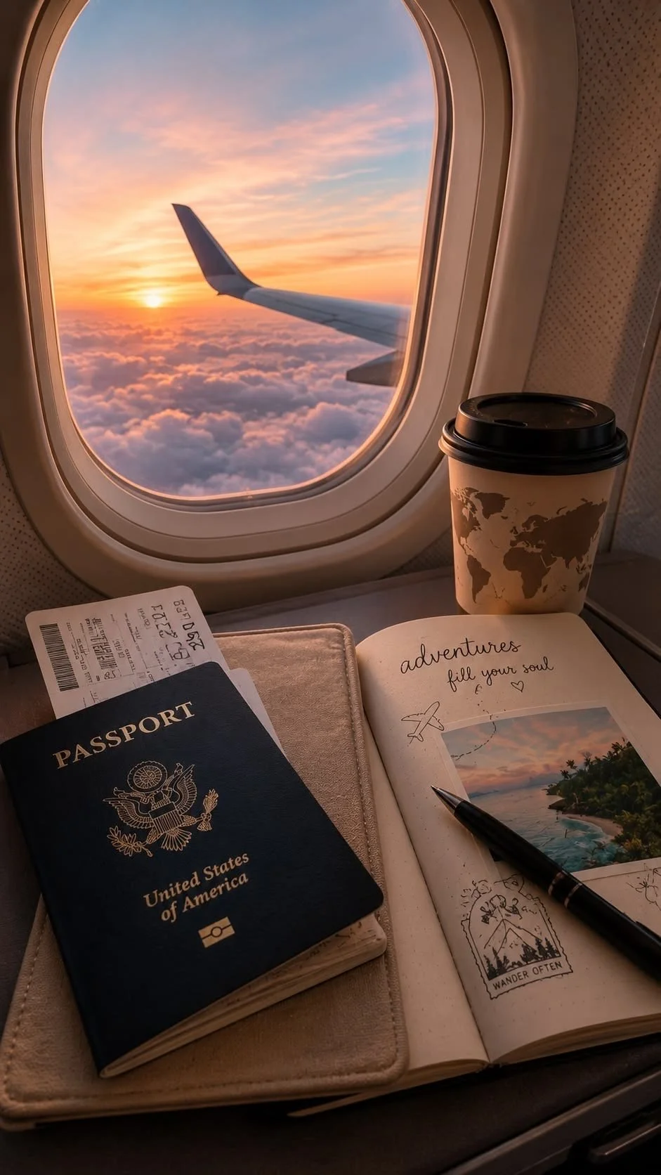 View from an airplane window showing a sunset or sunrise over clouds and an airplane wing. On the tray table inside the airplane, there is a United States passport, a boarding ticket, a travel-themed notebook or journal with the words "adventures fill your soul", a pen, and a coffee cup with a world map design.