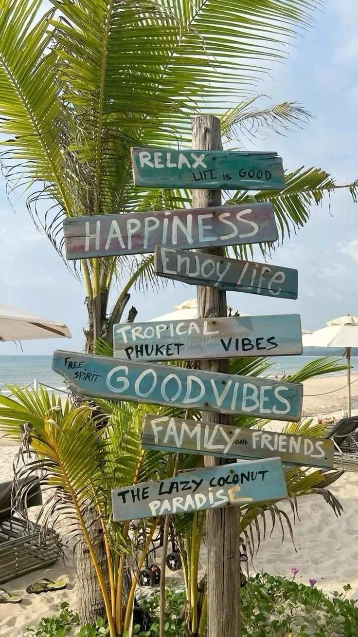 Colorful wooden signs with beach and palm trees in the background, displaying messages about relaxation and tropical vibes.
