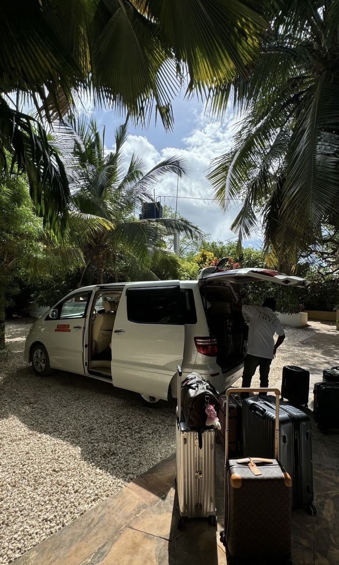 A person loading luggage into the back of a white van parked under palm trees on a gravel driveway, with sprouting grass and a partly cloudy sky.