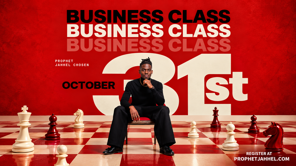Business Class poster: Prophet Jahhel Chosen seated on a red and cream chessboard among giant chess pieces, October 31st