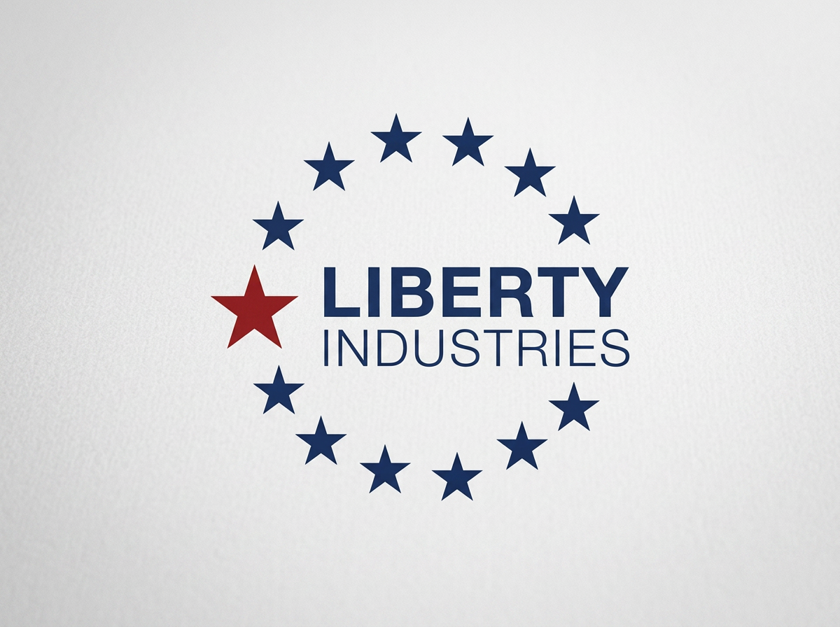 Logo for Liberty Industries with a circle of blue stars and one red star, and the company name in blue text.
