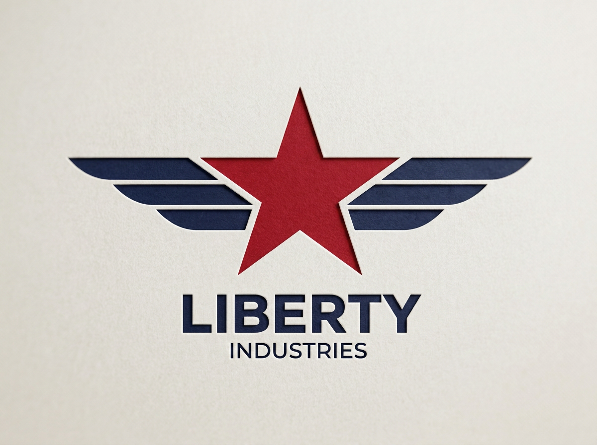 A logo for Liberty Industries featuring a red star with blue wings on a white background.