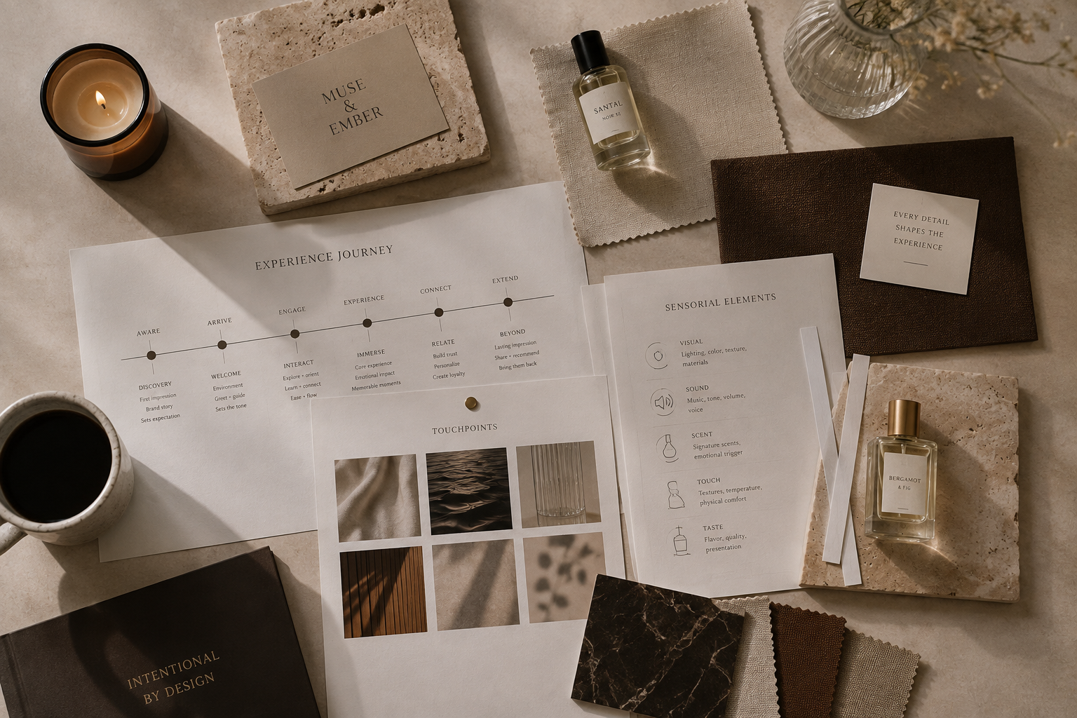 A flat lay of a work or planning space. It includes printed documents on experience journey and sensory elements, jars of perfume labeled 'Santal Noir 34' and 'Bergamot & Fig,' a lit candle, a coffee mug, fabric swatches, a black notebook titled 'Intentional by Design,' and decorative items like a glass vase with flowers and textured stones.