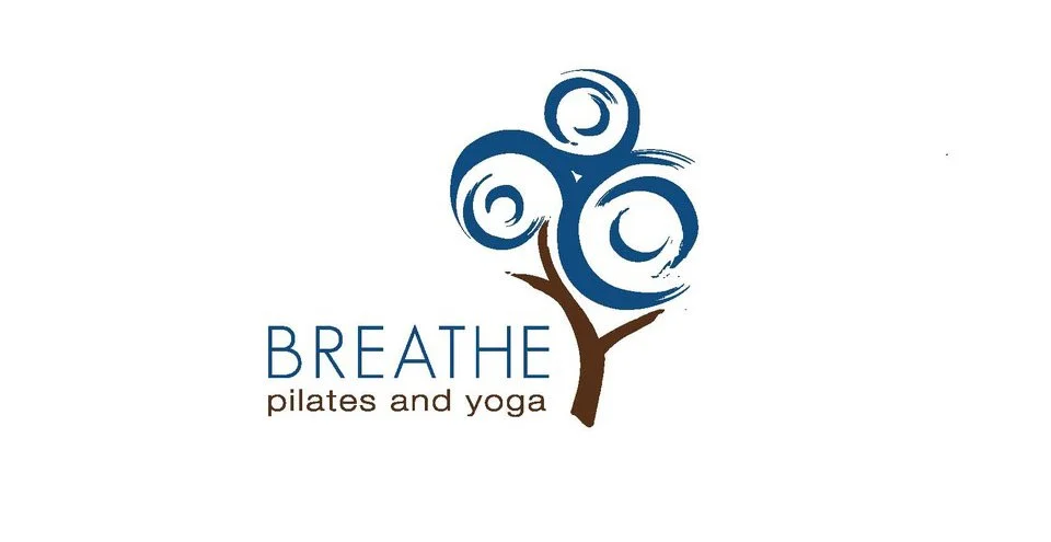 A logo with a stylized tree in blue and brown, and the words 'BREATHE pilates and yoga' underneath.