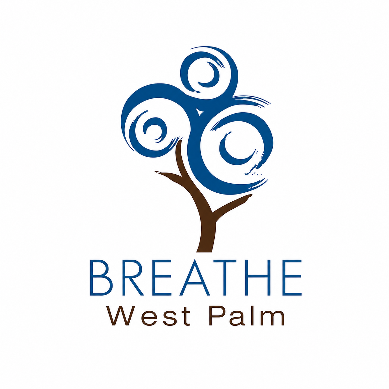 A logo of a stylized tree with blue swirls, brown trunk, and the text 'BREATHE West Palm' beneath it.